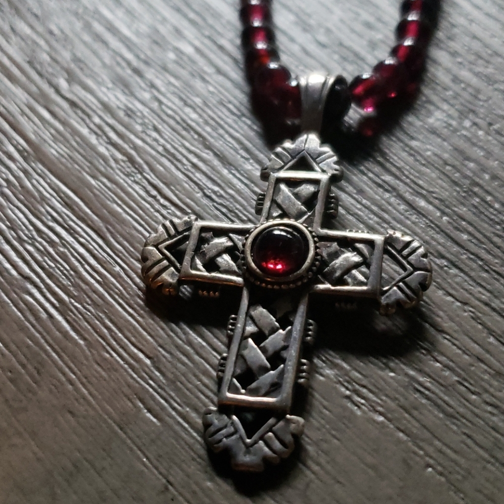 Beautiful silver and burgundy cross necklace
